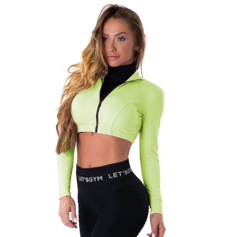 Cropped Long Sleeve Zip Up Jacket Top New! Lime Green